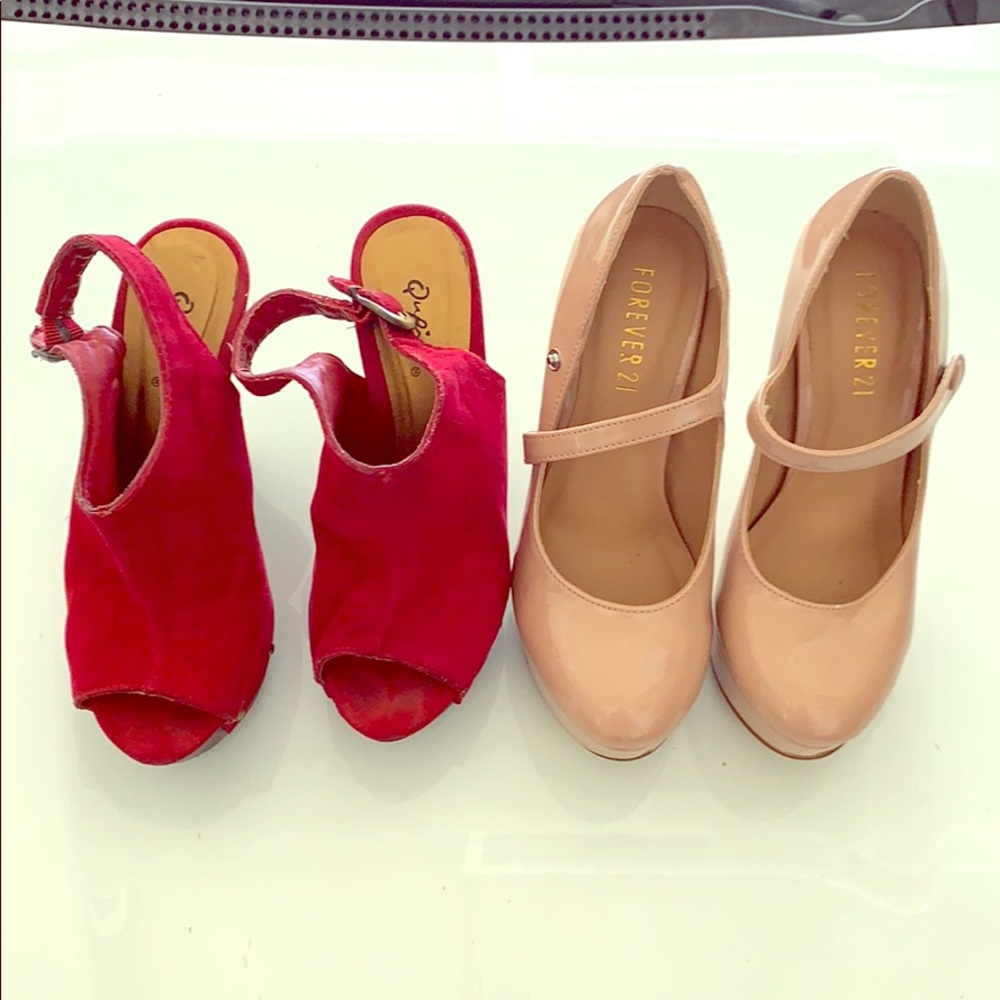Red wedges and beige (cream) high heels.